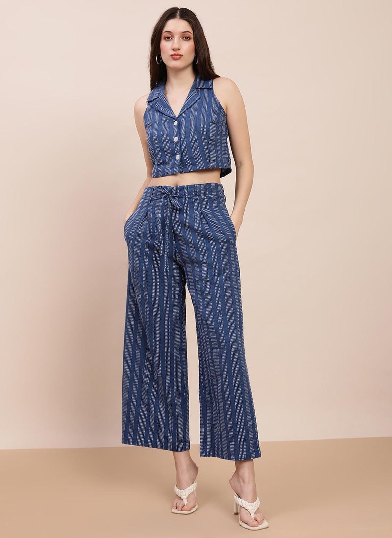 Globus Women Blue Self-Design Notched Lapel Crop Shirt & Wide Leg Trousers Workwear Co-Ord Set - Image 1