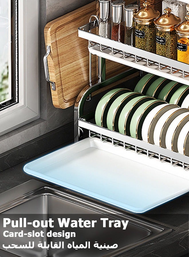 Jourvent Stainless Steel Dish Drying Rack - Double Tier with Drip Tray, Removable Cutting Board Holder & Utensil Storage, Efficient Drain System, Green Gold - Image 5