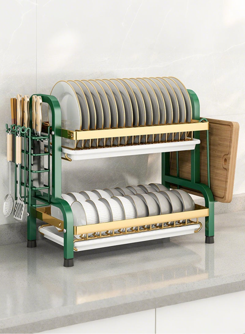Jourvent Stainless Steel Dish Drying Rack - Double Tier with Drip Tray, Removable Cutting Board Holder & Utensil Storage, Efficient Drain System, Green Gold - Image 1