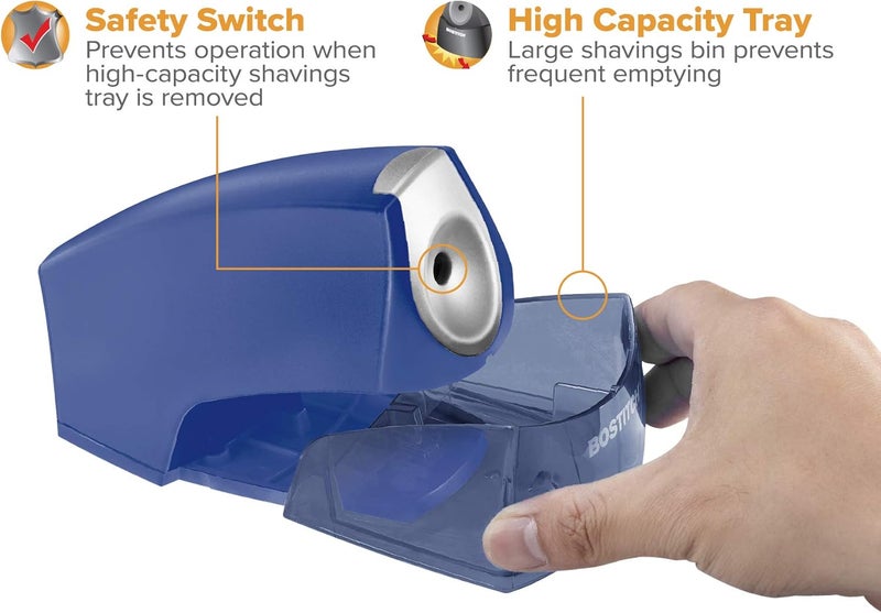 Bostitch Office Personal Electric Pencil Sharpener, Powerful Stall-Free Motor, High Capacity Shavings Tray, 7yr Warranty, Navy Blue (EPS4-KTBLUE) - Image 5