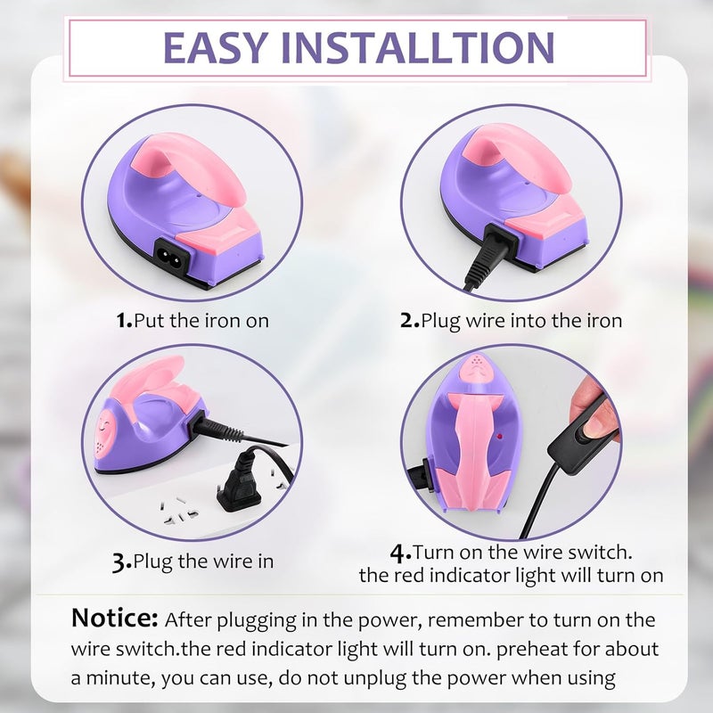 Honoson Mini Craft Iron Mini Heat Press Small Iron 3.93 x 2.36 x 2.76 Portable Tiny Flatiron with Charging Base Accessory for Fuse Bead Patch DIY Heat Transfer Vinyl(Dark Pink, Light Purple) - Image 4