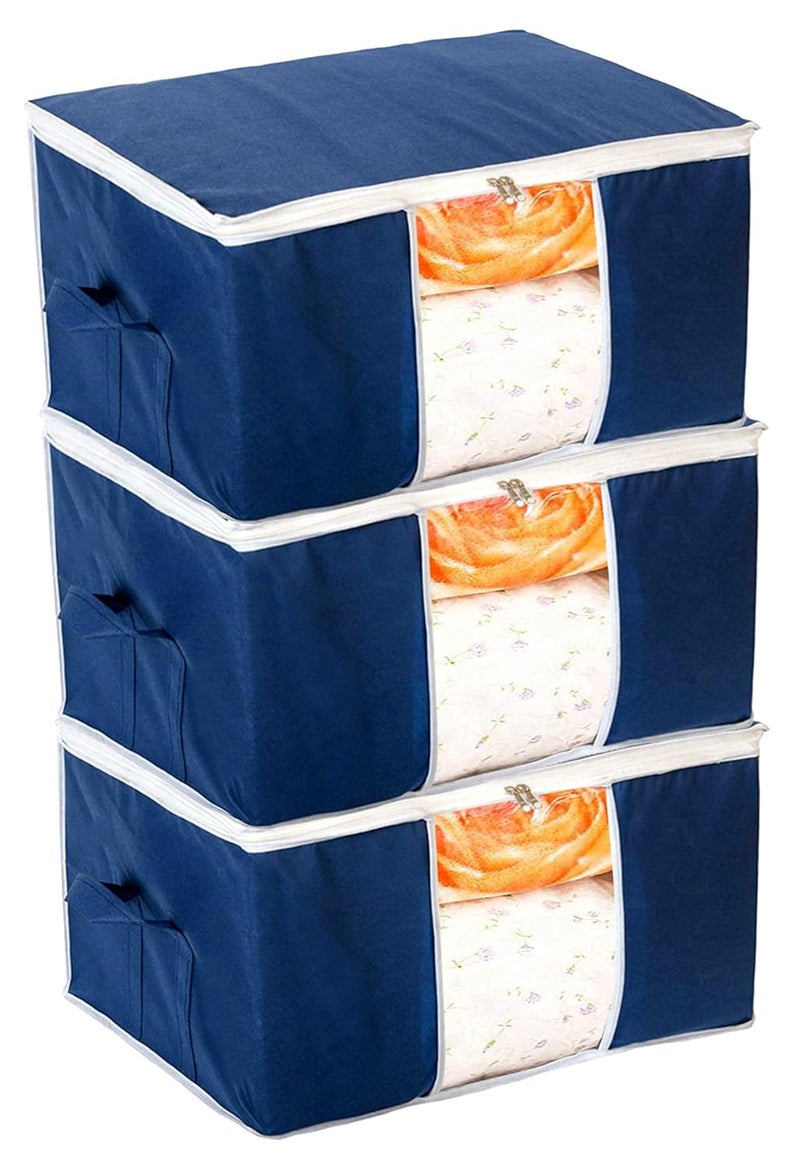 Kuber Industries Clothing Storage Bags Under Bed Foldable Organizer Store Blankets Clothes with Tranasparent Window Pack of 3 Navy BlueHS_38_LUGGAGE21709 - Image 1