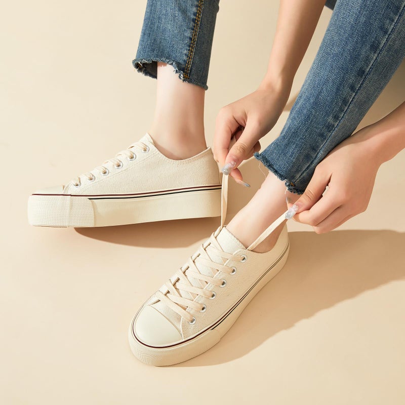hash bubbie Platform Sneakers for Women White Platform Shoes Low Top Tennis Shoes Non Slip Black Fashion Canvas Sneakers(Beige.US7) - Image 3