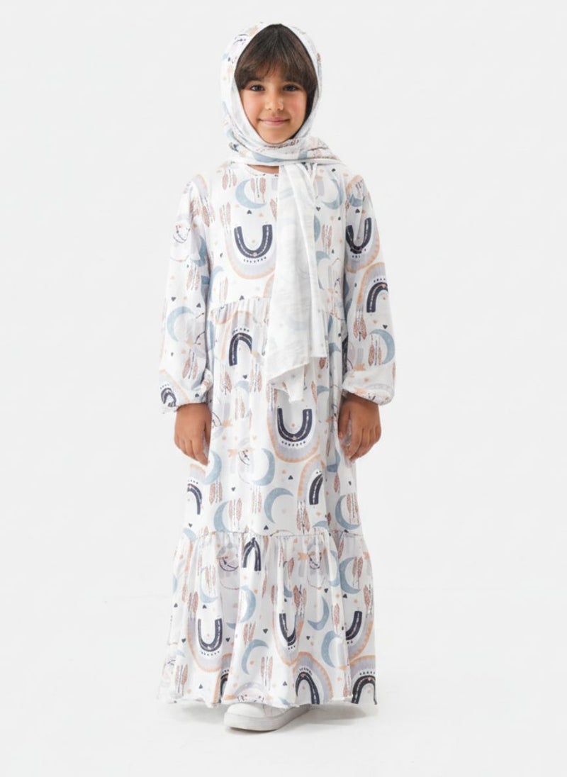 Cloud Fashion إسدال صلاة بناتي مطبوع مع طرحة – إسدال أطفال كامل لرمضان والتراويح - Image 1