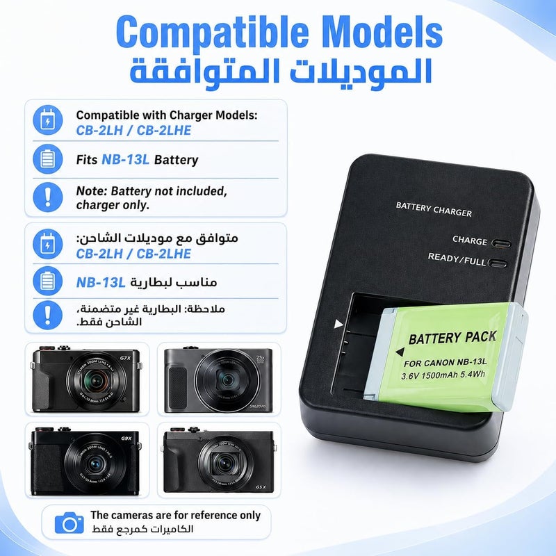 LumsAura CB-2LH NB-13L Battery Charger for Digital Camera, Compact Camera Charger with LED Indicator, Compatible with PowerShot G7 X Mark II, G5 X, G7 X, G9 X Mark II, SX620, SX720, SX730 HS - Image 2