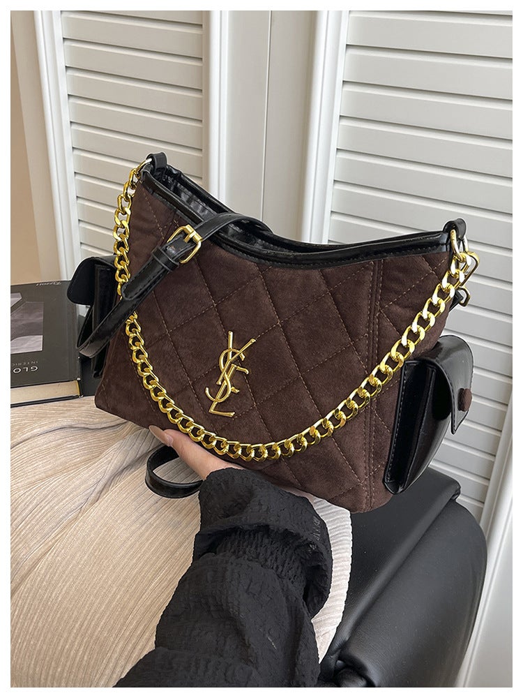 سانت لوران حقيبة سان لوران YSL مبطنة من الجلد اللامع بمقبض حقيبة كتف حقيبة كاميرا بني - Image 1