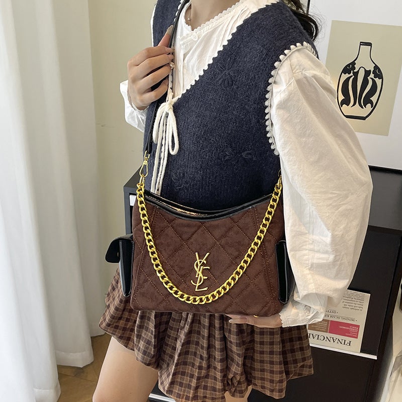 سانت لوران حقيبة سان لوران YSL مبطنة من الجلد اللامع بمقبض حقيبة كتف حقيبة كاميرا بني - Image 2