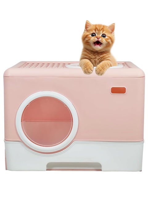 Cat little box with pull-out drawer, Sand filter and Litter scoop, 52 cm Cat toilet with Front entry and Top exit, Fully enclosed, and Anti-splashing litter box for indoor cats, Foldable cat toilet (Pink)