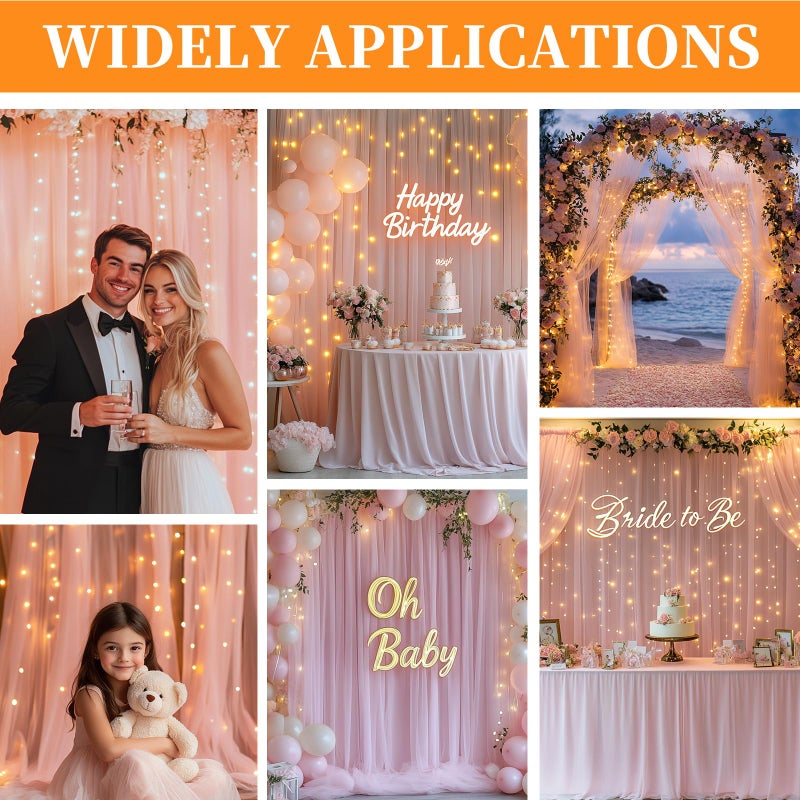 Patioman 10x10ft Pink Tulle Backdrop Curtain with String Lights, Wrinkle-Free Sheer Wedding Backdrop for Birthday Parties, Baby Showers, Bridal Showers, Photo Shoots and Home Decorations, Pink - Image 2