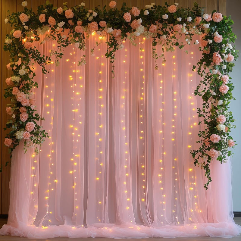 Patioman 10x10ft Pink Tulle Backdrop Curtain with String Lights, Wrinkle-Free Sheer Wedding Backdrop for Birthday Parties, Baby Showers, Bridal Showers, Photo Shoots and Home Decorations, Pink - Image 1
