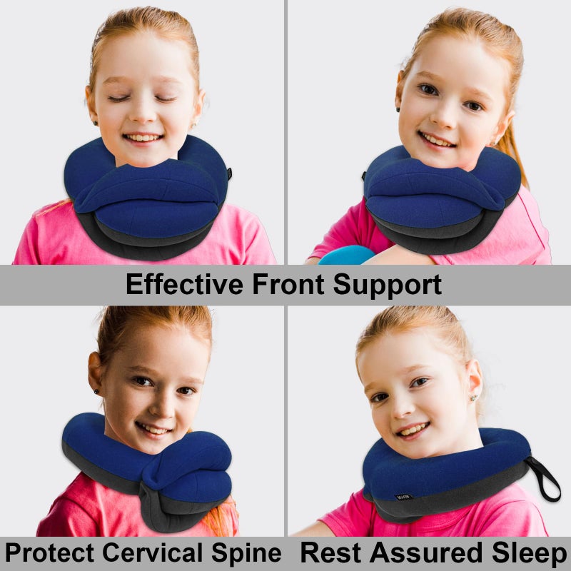 BUYUE Kids Travel Pillows for Airplane, 360Â° Head Support Sleeping Essentials for Boys Long Flight, Skin-Friendly Soft Neck Pillow for Traveling in Car Seat, (Small, Blue Grey, 40-90 lbs) - Image 2