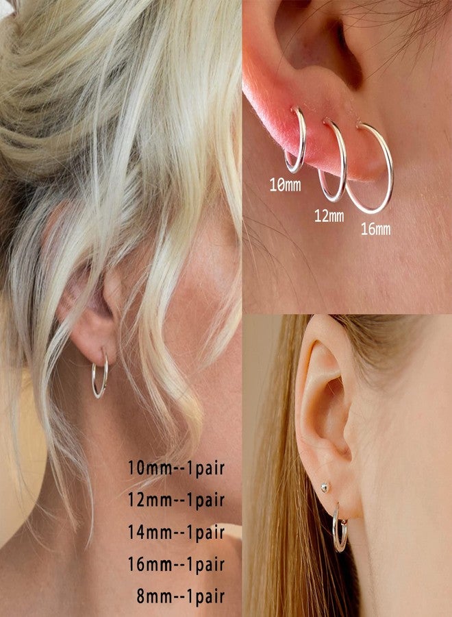 سنتريا مجموعة أقراط سينتيريا الفضية الحلقية للنساء، 10 أزواج، مصنوعة من الفولاذ الجراحي، خفيفة الوزن، مضادة للحساسية، صغيرة الحجم، مناسبة للفتيات والرجال، بأحجام 8 مم، 10 مم، 12 مم، 14 مم، 16 مم - Image 2