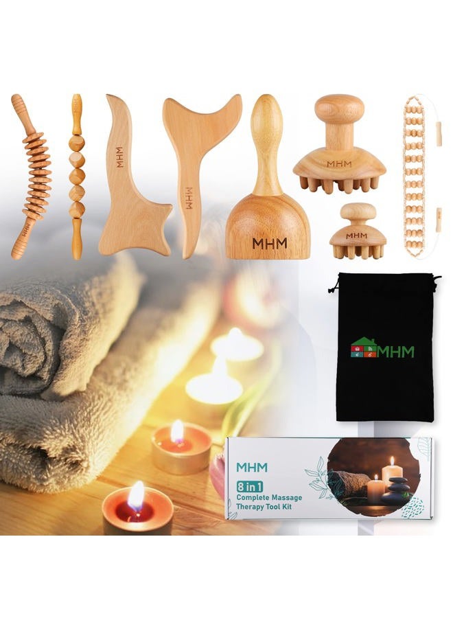MHM 8-in-1 Complete Wood Therapy Massage Tool Set for Body Shaping - Durable and Comfortable Massage Tools to Help with Reduction of Cellulite and More - Image 1