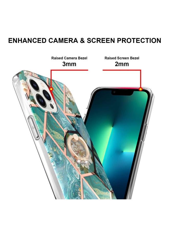 اس-توب جراب لهاتف iPhone 15 Pro Max مصنوع من مادة TPU المقاومة للصدمات بتصميم زهور رخامية مطلية بالكهرباء مع حامل حلقي من حجر الراين - Image 3