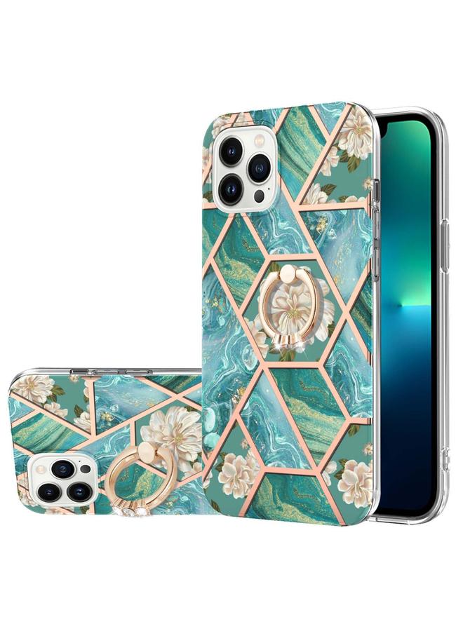 اس-توب جراب لهاتف iPhone 15 Pro Max مصنوع من مادة TPU المقاومة للصدمات بتصميم زهور رخامية مطلية بالكهرباء مع حامل حلقي من حجر الراين - Image 1