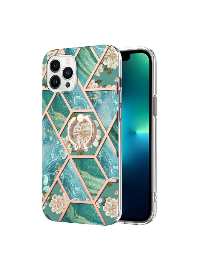 اس-توب جراب لهاتف iPhone 15 Pro Max مصنوع من مادة TPU المقاومة للصدمات بتصميم زهور رخامية مطلية بالكهرباء مع حامل حلقي من حجر الراين - Image 2