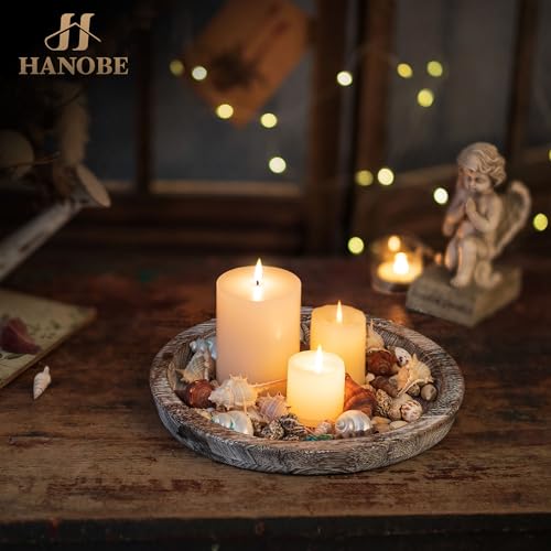 Hanobe Candle Plate Holder Tray: Round Wooden Decorative Candle Plate Small Farmhouse Table Centerpiece Rustic Whitewash Wood Tealight Pillar Trays for Christmas Wedding Halloween Home Decor - Image 2