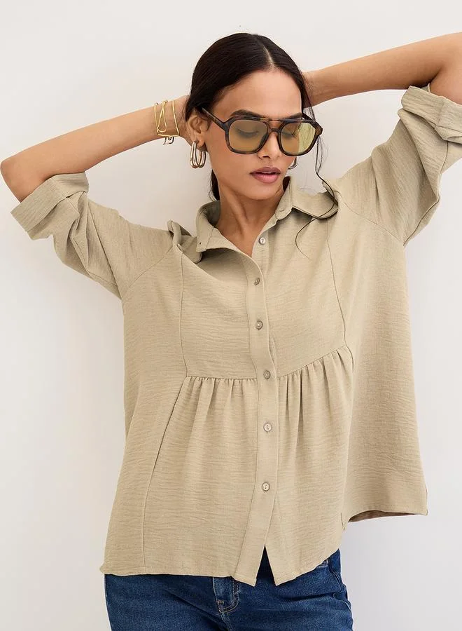 Femmella Femmella Beige Relaxed Fit Collared Shirt