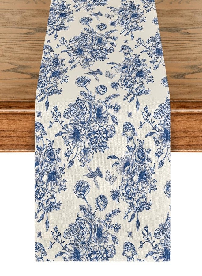 Artoid Mode Spring Navy Blue Floral Chinoiserie Table Runner, Seasonal Summer Kitchen Dining Table Decoration for Home Party Decor 13x90 Inch - Image 1