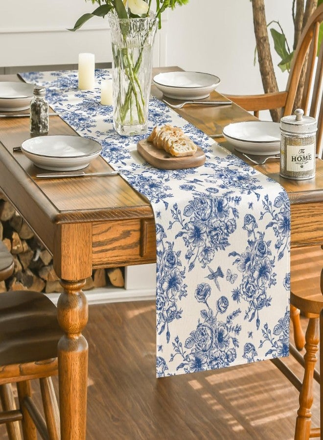 Artoid Mode Spring Navy Blue Floral Chinoiserie Table Runner, Seasonal Summer Kitchen Dining Table Decoration for Home Party Decor 13x90 Inch - Image 4