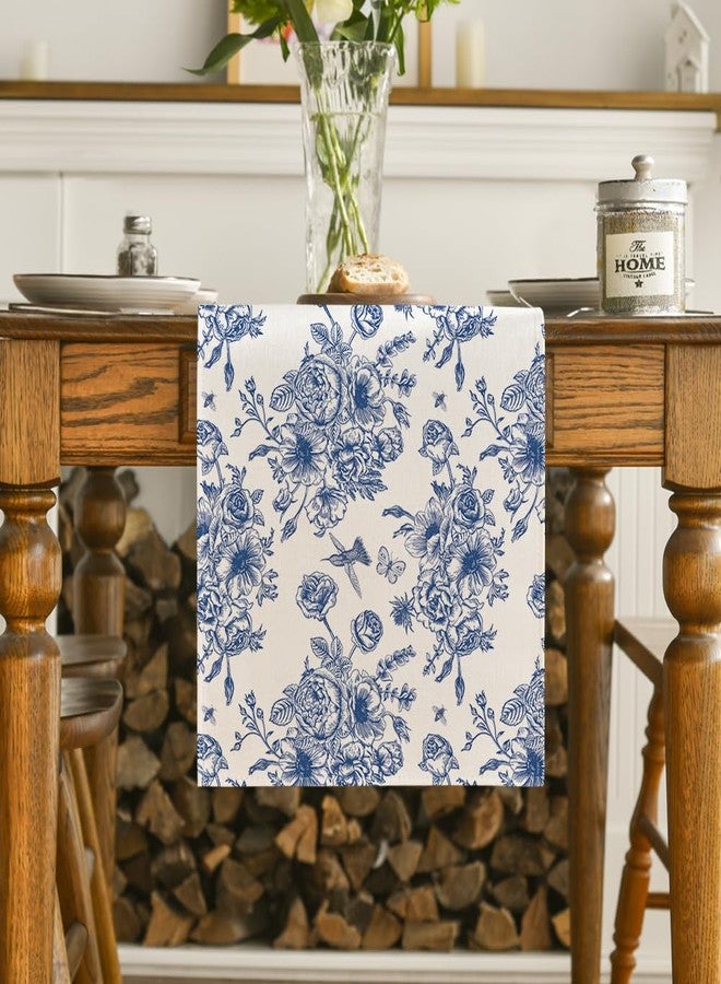 Artoid Mode Spring Navy Blue Floral Chinoiserie Table Runner, Seasonal Summer Kitchen Dining Table Decoration for Home Party Decor 13x90 Inch - Image 2