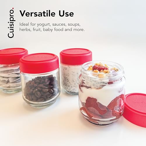 Cuisipro جرار كويزي برو مع أغطية، جرار زجاجية سعة 6 أونصات مع غطاء محكم، 4 عبوات، جرار تعليب للسائل، حاوية زجاجية لزبادي، توابل، أحمر - Image 4