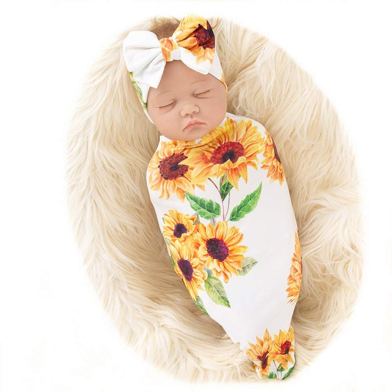 Galabloomer Newborn Sunflower Receiving Blanket Headband Set Baby Flower Rose Swaddle with Big Bow - Image 3