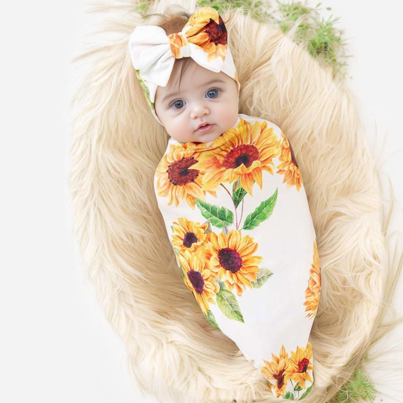 Galabloomer Newborn Sunflower Receiving Blanket Headband Set Baby Flower Rose Swaddle with Big Bow - Image 2