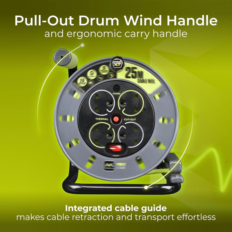 MASTERPLUG Pro-XT Four Socket Open Cable Reel Extension Lead with Winding Handle, Thermal Cut Out and Power Switch, 25 Metres High Visibility Cable, Green - Image 2