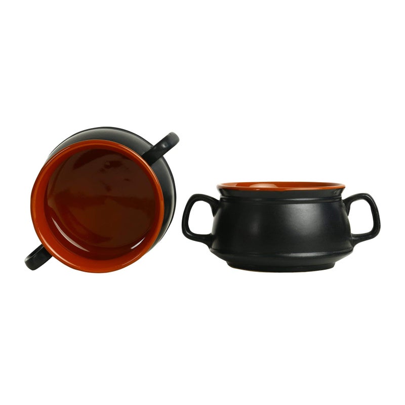 Caffeine Ceramic Handmade Black & Brown Double Handle Soup Bowl with Spoon (Set of 6) - Image 2