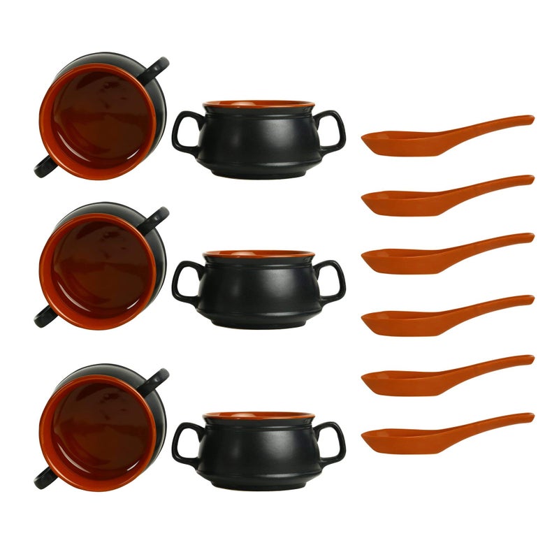 Caffeine Ceramic Handmade Black & Brown Double Handle Soup Bowl with Spoon (Set of 6) - Image 1