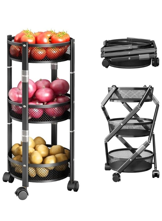 Multi-layer foldable storage cart with wheels for kitchen, vegetables and fruits, black - Image 2