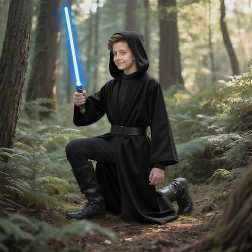 Cosplaysky Kids Cosplay Cloak Hooded Cloak Boys Knight Costume Halloween Costume (Black, Medium) - Image 3