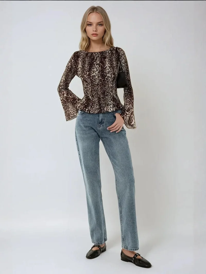 HICCUP Animal Print Boat Neck Top with Shirred Detail