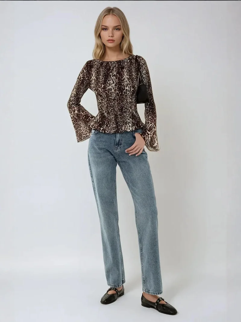 HICCUP Animal Print Boat Neck Top with Shirred Detail