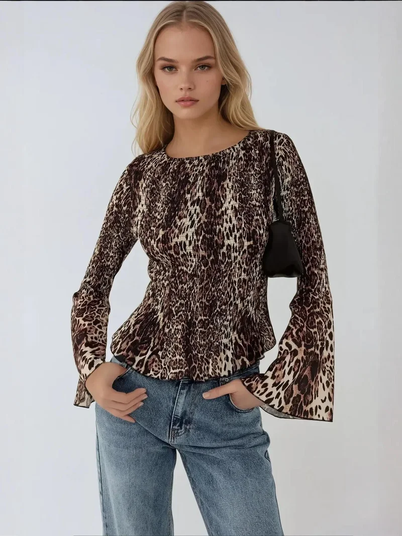 HICCUP Animal Print Boat Neck Top with Shirred Detail
