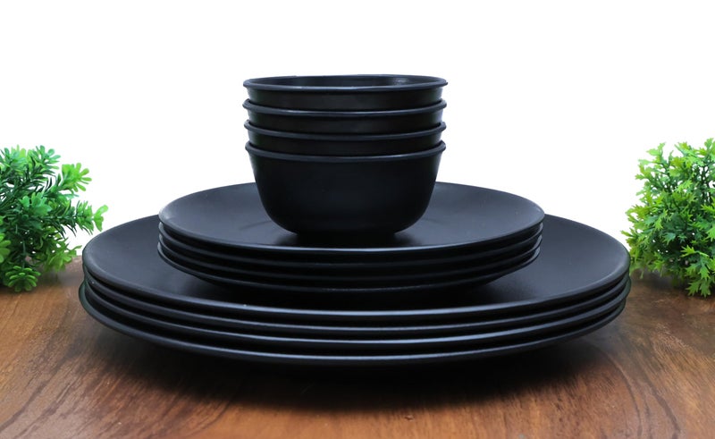 Amar Industries Melamine Dinner Set, Elegant, Unabreakable, Matte Black Spiral Design, Full Plates, Half Plates with Bowl (Serve 4) (Set of 12) - Image 1