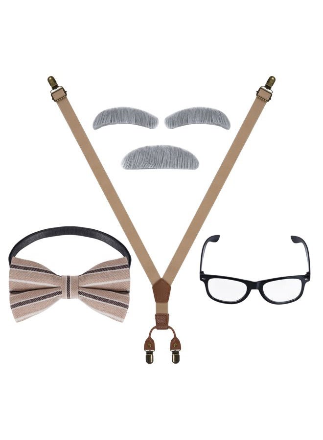 mifengda Kids Old Man Costume 100 Day of School Grandpa Costume for Boys 1920s Old Man Outfit Halloween Dress Up Set Including Bow Tie Beard Eyebrow Suspenders Glasses for Kids Boy Halloween (Khaki) - Image 4