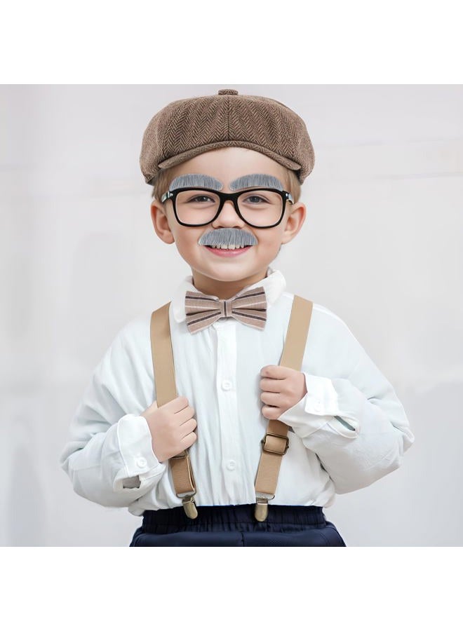 mifengda Kids Old Man Costume 100 Day of School Grandpa Costume for Boys 1920s Old Man Outfit Halloween Dress Up Set Including Bow Tie Beard Eyebrow Suspenders Glasses for Kids Boy Halloween (Khaki) - Image 5