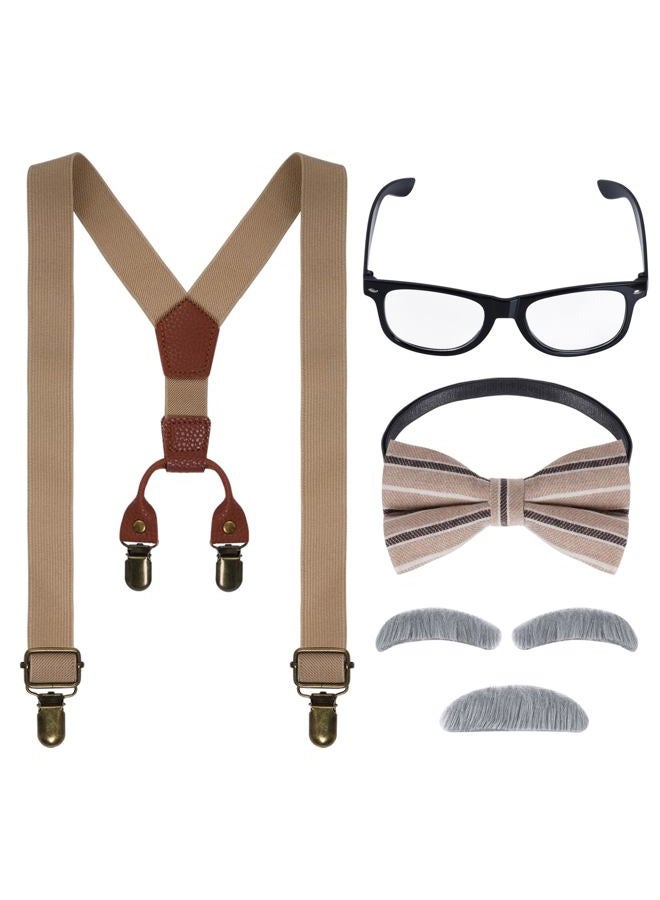 mifengda Kids Old Man Costume 100 Day of School Grandpa Costume for Boys 1920s Old Man Outfit Halloween Dress Up Set Including Bow Tie Beard Eyebrow Suspenders Glasses for Kids Boy Halloween (Khaki) - Image 1