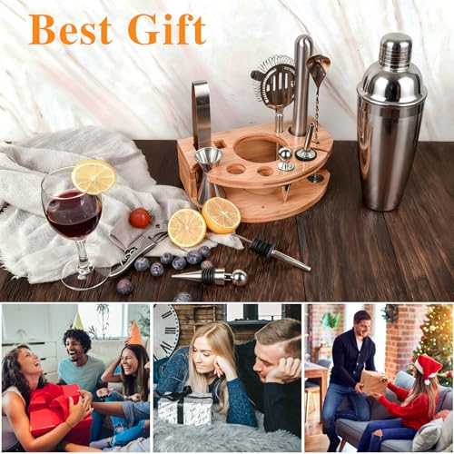 Esmula Bartender Kit with Stylish Bamboo Stand, 12 Piece 25oz Cocktail Shaker Set for Mixed Drink, Professional Stainless Steel Bar Tool Set, Gift for Man Dad- Cocktail Recipes Booklet (Silver) - Image 4