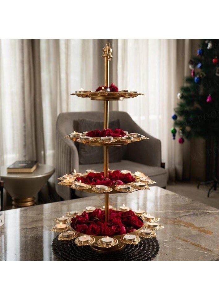 4-Tier Brass Tea Light Candle Stand with Flower Urli Decoration.Multi-Layer Brass Tea Light Holder – Traditional Pooja & Festive Decoration
