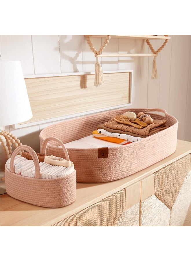 JJOO J&JOO Baby Changing Basket - Breathable, Waterproof Covers, Wipeable Changing Pad for Changing Table Toper & Dresser, Cotton Rope Baby Basket (Coral Candy/Bamboo, Caddy Set) - Image 2