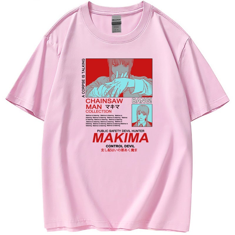 Trendy Brand European Code MAKIMA chainsaw man Anime Peripheral T-Shirt Short Sleeve Clothes Womens T a White - Image 2