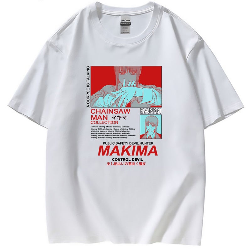 Trendy Brand European Code MAKIMA chainsaw man Anime Peripheral T-Shirt Short Sleeve Clothes Womens T a White - Image 1