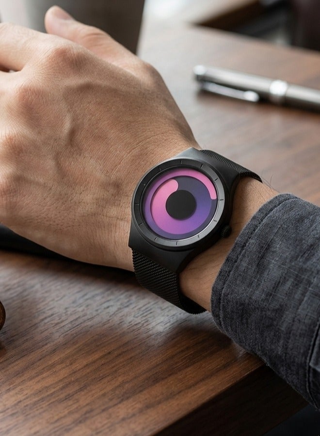 Ladevas Black quartz wristwatch – “Violet Swirl” design, water resistant – stainless steel mesh strap and modern futuristic style. - Image 3
