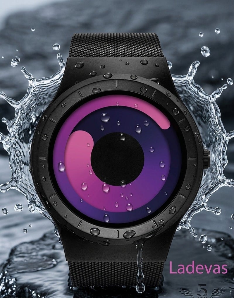 Ladevas Black quartz wristwatch – “Violet Swirl” design, water resistant – stainless steel mesh strap and modern futuristic style. - Image 4