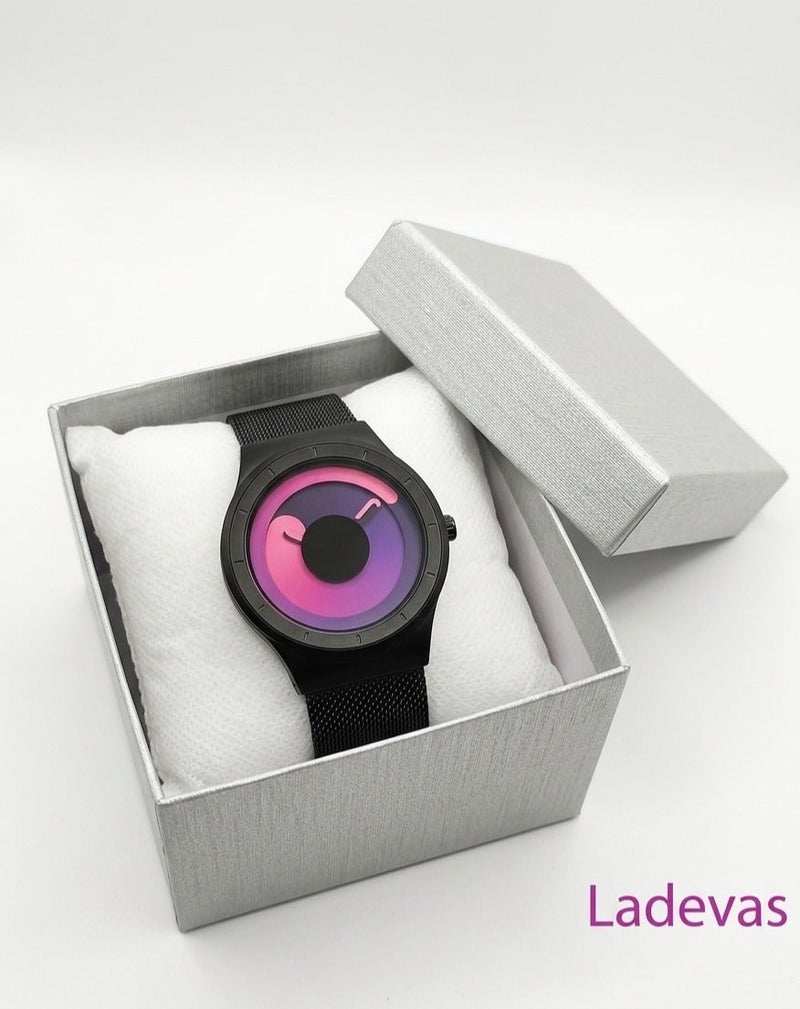 Ladevas Black quartz wristwatch – “Violet Swirl” design, water resistant – stainless steel mesh strap and modern futuristic style. - Image 5