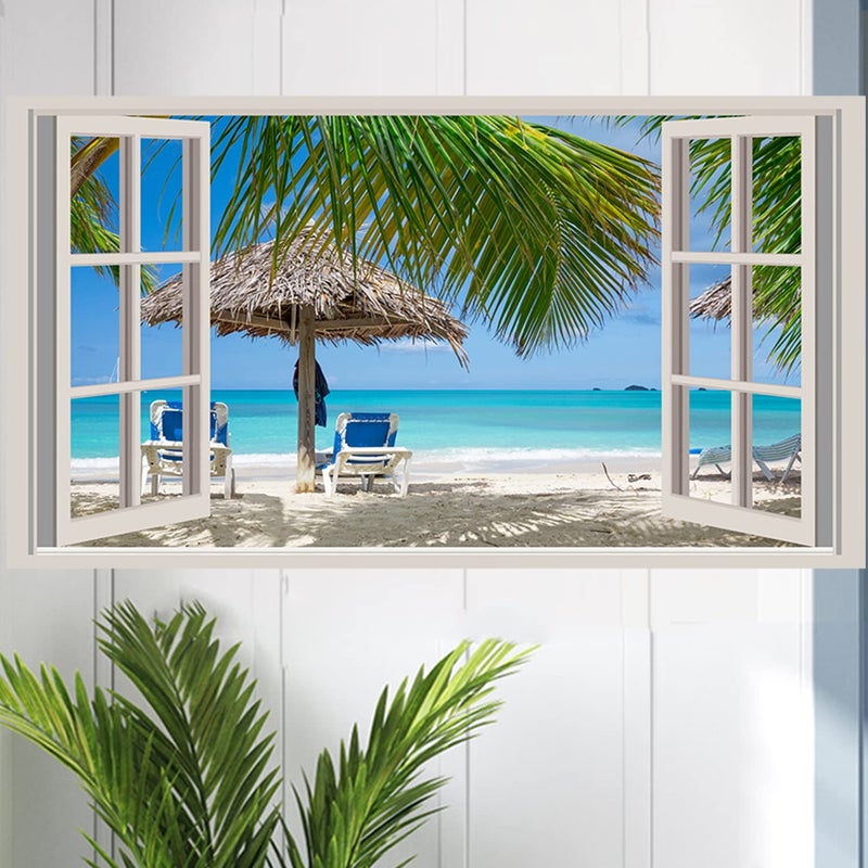 KOKOLAP Sunset Wall Sticker Beach Wall Decals 3D Broken Walls Stickers Sunrise Stickers Beach Seascape Walls Vinyl Decal Peel and Stick Palm Tree Art Murals for Bedroom Living Room Summer Decor