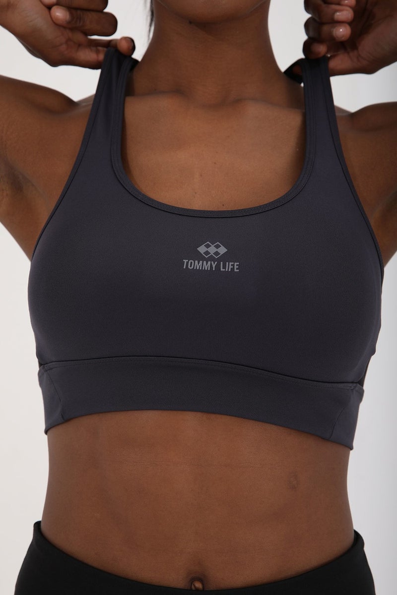 Anthracite Women's Cross Back Detail Slim Fit U Neck Sports Bustier - 97121